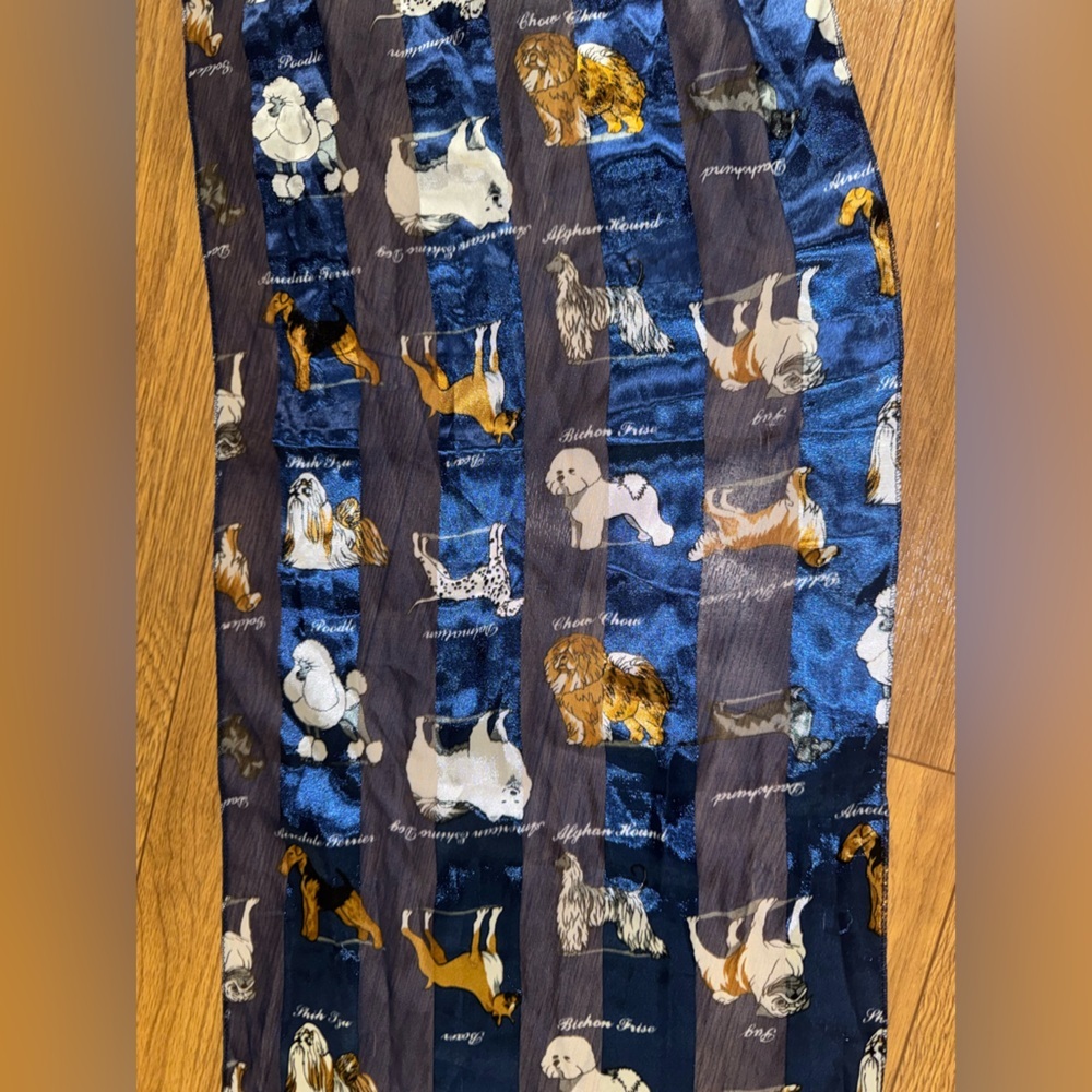Scarf 💯 % polyester w/ dog breeds in royal blue